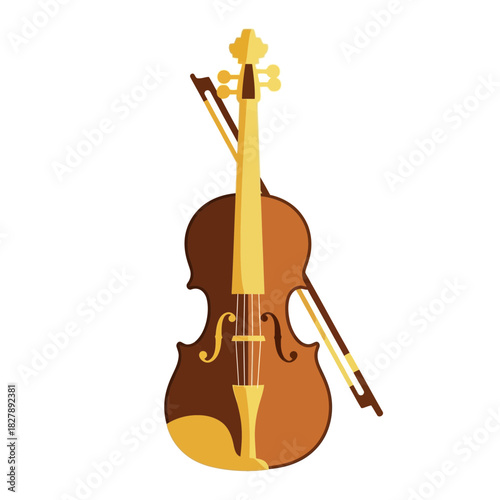 A brown violin with a bow rests against it in a vertical composition.