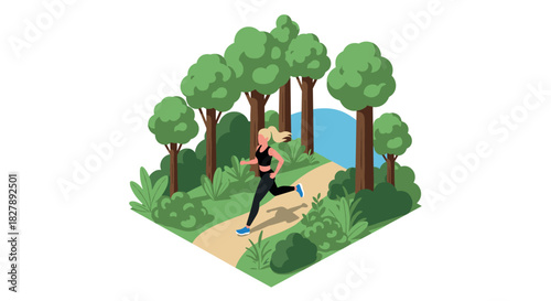 Woman jogging on forest trail: isometric fitness scene in nature with trees and river