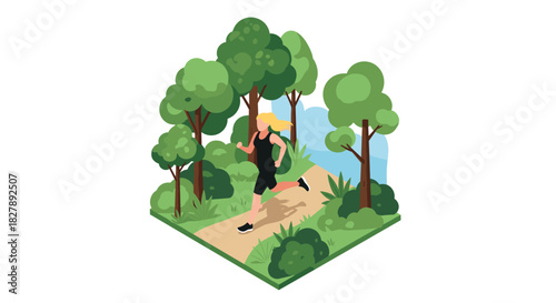 Woman jogging on forest path in isometric style with lush greenery and trees