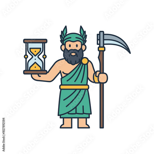 Cartoon figure holding hourglass and scythe wearing a toga and winged helmet.