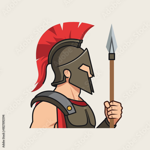 Cartoon spartan warrior holding spear wearing helmet and armor side view.