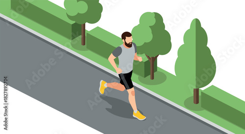 Isometric jogging scene with man running in park along tree-lined path