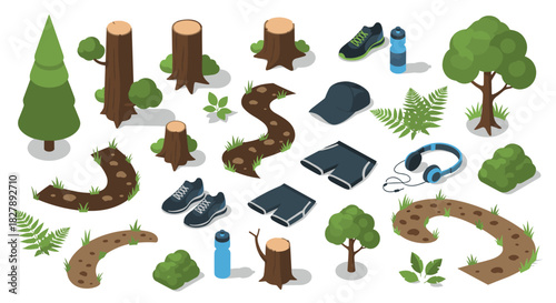 Outdoor hiking gear and nature elements in isometric style for adventure enthusiasts