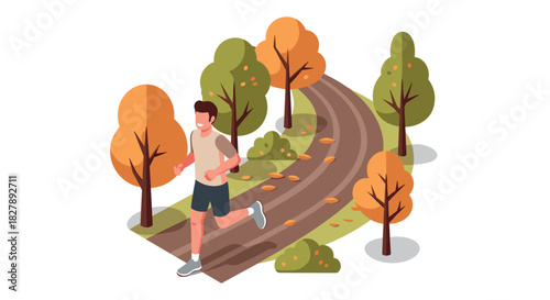 Autumn jogger in isometric park scenery with colorful trees and pathway
