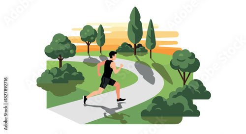 Morning jog in nature: man running on scenic park path at sunrise