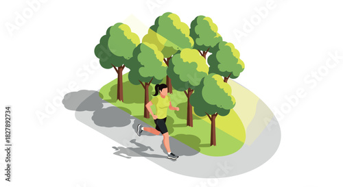 Woman jogging through park with trees in isometric design