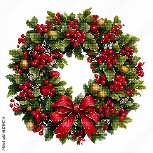 Festive pixel wreath Pixel Art Christmas Wreath with Red Ribbon ,Christmas Wreath Pixel Art with Holly Berries , Festive Pixel Art Christmas Wreath for Holiday Decoration, 8-bit festive wreath art
