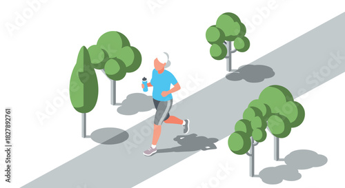 Elderly woman jogging in park on sunny day surrounded by lush trees isometric style