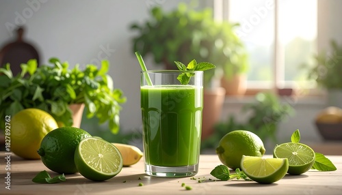 Bright, green smoothie in glass with straw, limes, and herbs sits on a light wooden surface
