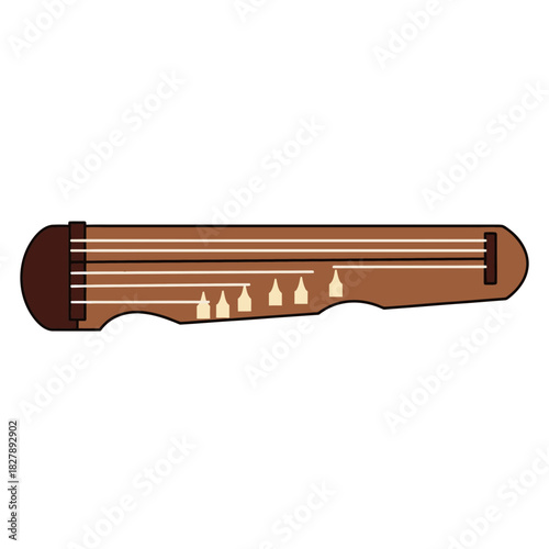 Brown musical instrument with strings and tuning pegs lying horizontally.