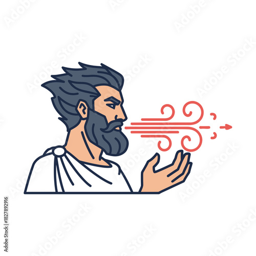 Man with beard blowing wind into hand wearing toga style clothing.