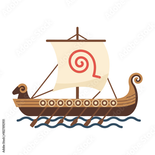 Brown viking ship with sail decorated with spiral floats on wavy water.
