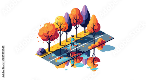 Autumn jogging in the park: isometric design of a runner on a tree-lined path