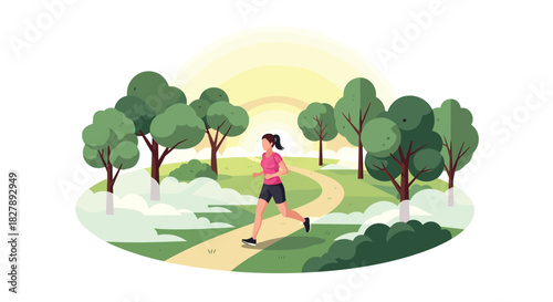Woman jogging in park with lush greenery and walking path at sunrise