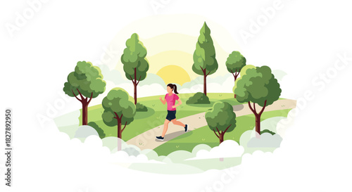 Morning jog in serene park landscape with lush green trees and sunrise