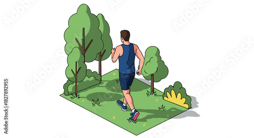 Isometric design of a man jogging through a lush green park with trees and natural scenery