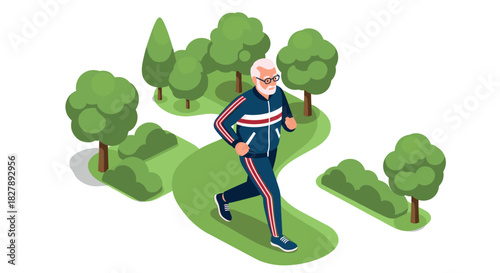Senior man in tracksuit jogging on a nature trail with greenery and trees in isometric style