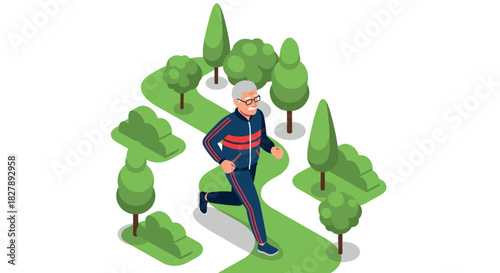 Elderly man jogging in park amid trees with isometric design