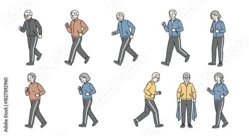 Elderly people walking for exercise and health in casual outfits