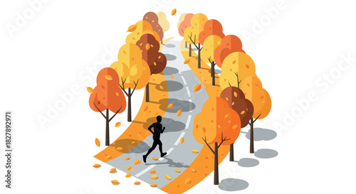 Autumn park isometric pathway with jogger and falling leaves
