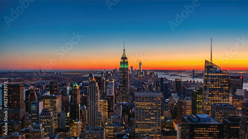 New York City Skyline at Dusk with Iconic Skyscrapers Illuminated.