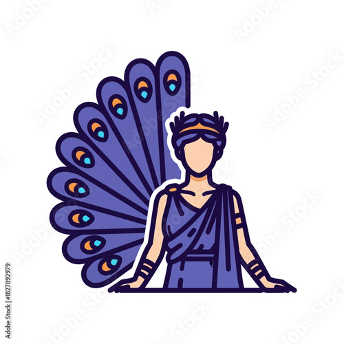 Person wearing a toga and wreath with peacock feathers behind them.