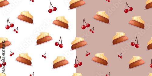Seamless dessert pattern with cream pastry and cherries, ideal for packaging, wrapping paper, bakery branding, textile prints, website backgrounds and festive designs