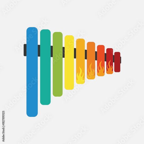 Colorful xylophone with bars in rainbow order attached to a black frame.