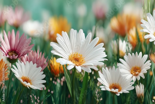Close up view of vibrant white and pink daisy like flowers blooming vividly in green meadow