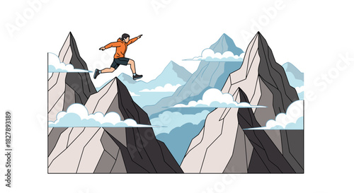 Adventurous journey: person leaping across mountain peaks in dynamic cartoon style