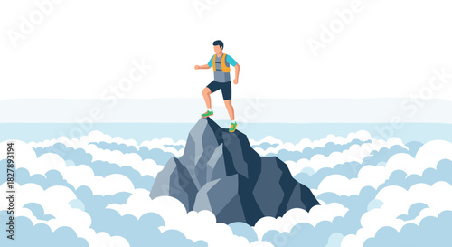 Successful climber on mountain summit above clouds in minimalist style