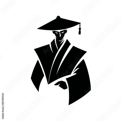Stylized black silhouette of a person in traditional East Asian attire and hat