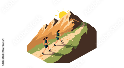 Isometric hiking adventure with sunlit mountain trail in autumn colors