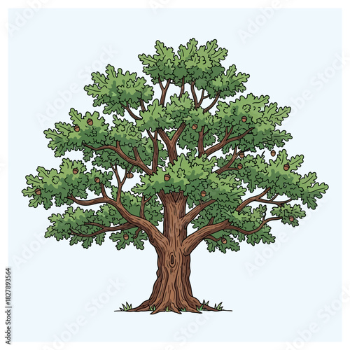 Detailed illustration of a majestic green oak tree with a thick trunk, isolated on white