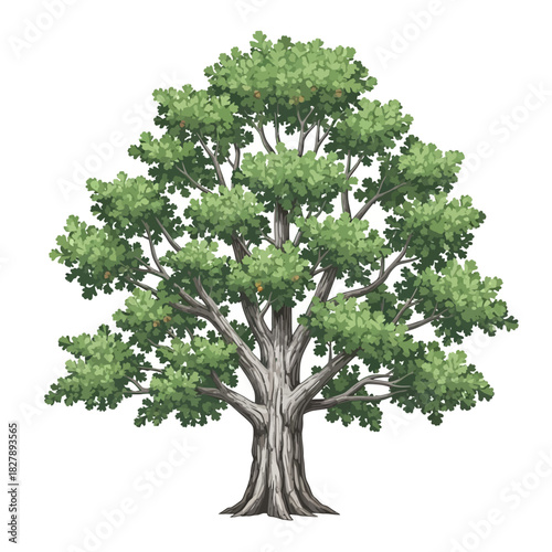 Detailed illustration of a majestic green oak tree with a thick trunk, isolated on white