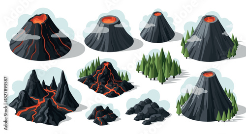 Collection of volcanic eruption elements with pine trees in isometric style