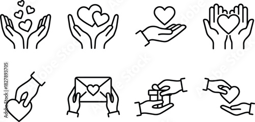 Hands and hearts icon set, love, care, giving, support, kindness, emotional connection, vector illustration, black and white