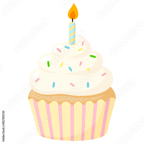 Birthday muffin with candle in flat style. Cupcake vector illustration on white background. Homemade baking. Happy Birthday greeting card design element.