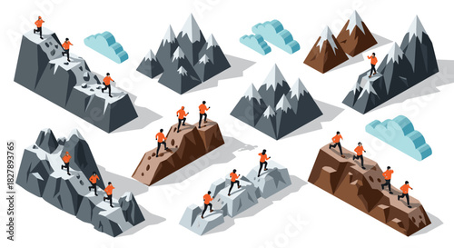 Isometric mountain hiking adventure: climbers on diverse terrain with rugged peaks and clouds