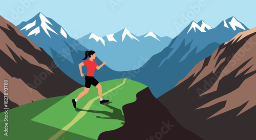 Woman jogging along mountain trail with stunning snow-capped peaks in background in vibrant minimalist art style