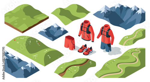 Hiking gear and mountain landscape collection: isometric style