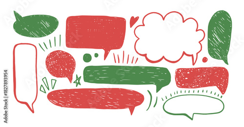 Red green hand drawn speech bubble collection. Different blank chat empty dialog balloon. Comic talk textboxes