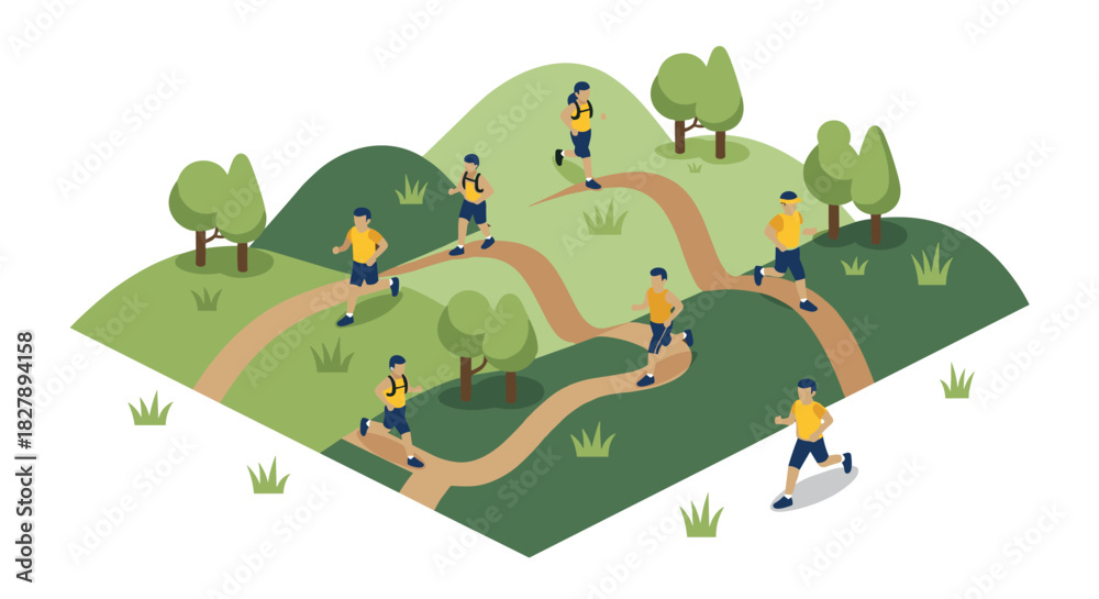 Obraz premium Isometric trail running with people in nature landscape