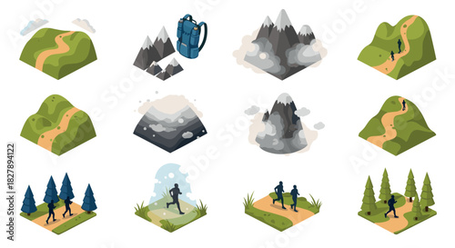 Isometric hiking trail icon set with mountains, trees, and pathways