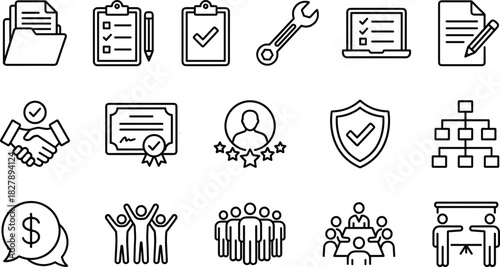 Business icon set, management symbols, teamwork, planning, certification, finance, communication, vector illustration, black and white