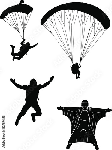 Skydivers and wingsuit flyers silhouettes against a white background