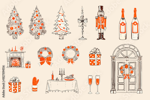 Festive christmas illustrations of trees nutcrackers wreaths and holiday decor