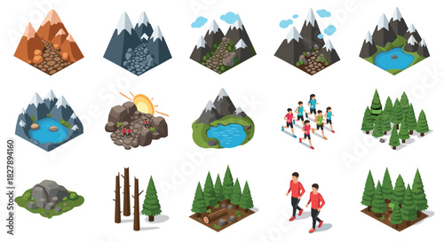Isometric mountain landscape and outdoor activity collection