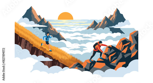 Adventure journey: hiking enthusiasts climbing mountain peaks at sunrise