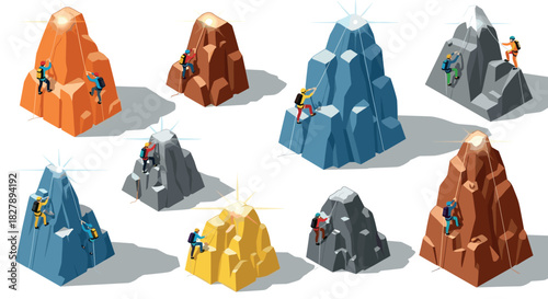 Diverse climbers on colorful peaks in dynamic isometric style